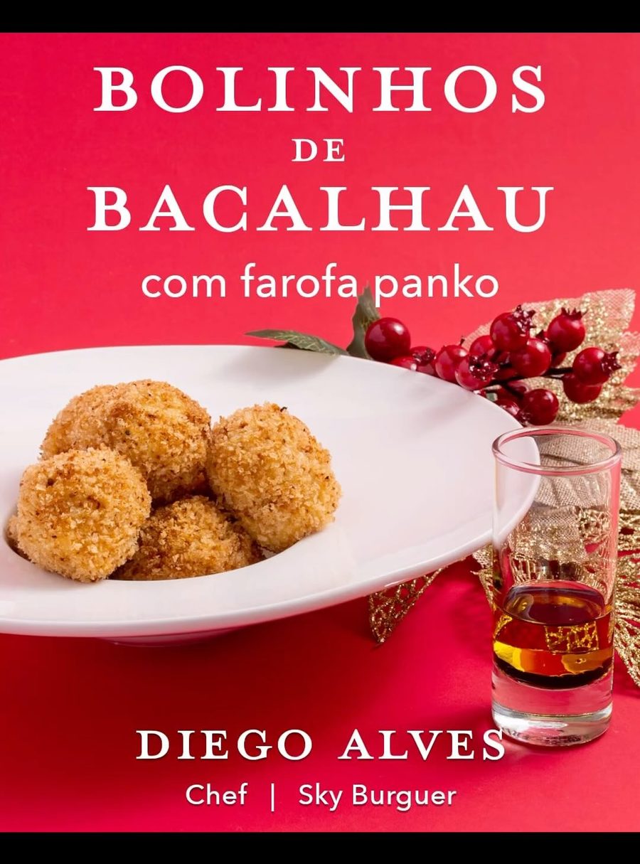 Cartaz dos bolinhos de bacalhau com farofa panko do chef Diego Alves